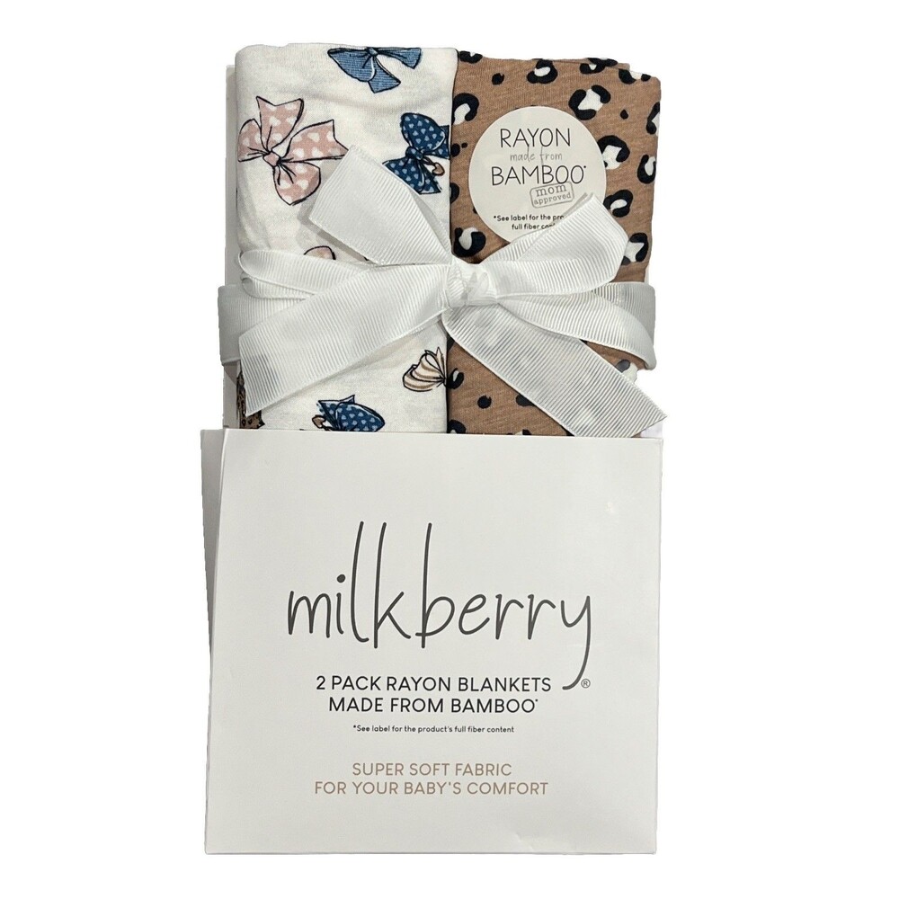 Milkberry Bows & Leopard Print Baby Swaddling Blankets Newborn Rayon Bamboo New